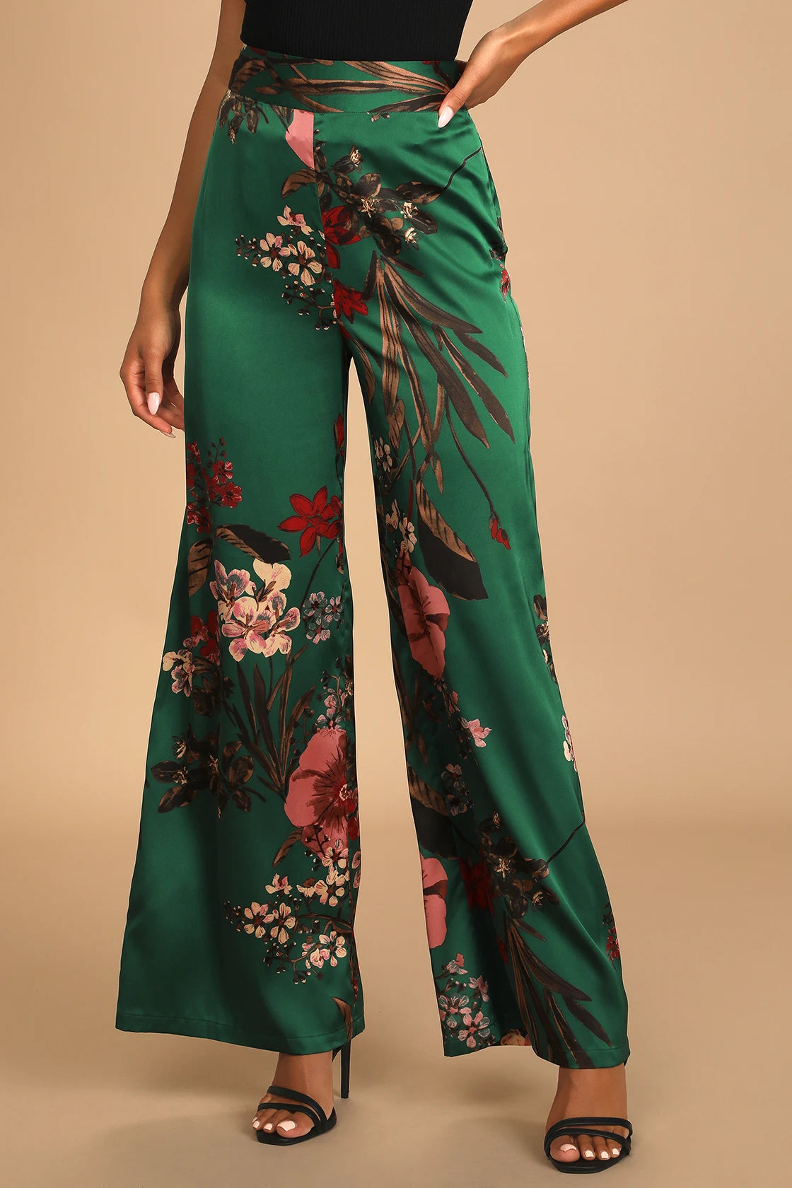 Thriving Vibes Fuchsia Floral Print Satin Wide-Leg Pants