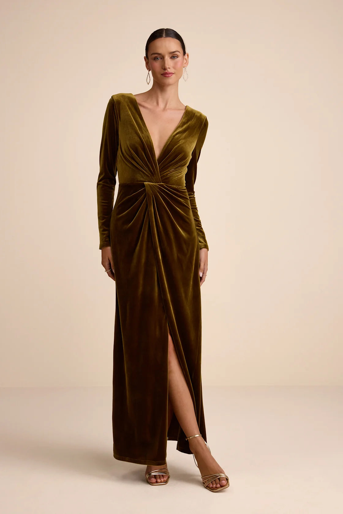 Angelina Olive Velvet Twist-Front Maxi Dress