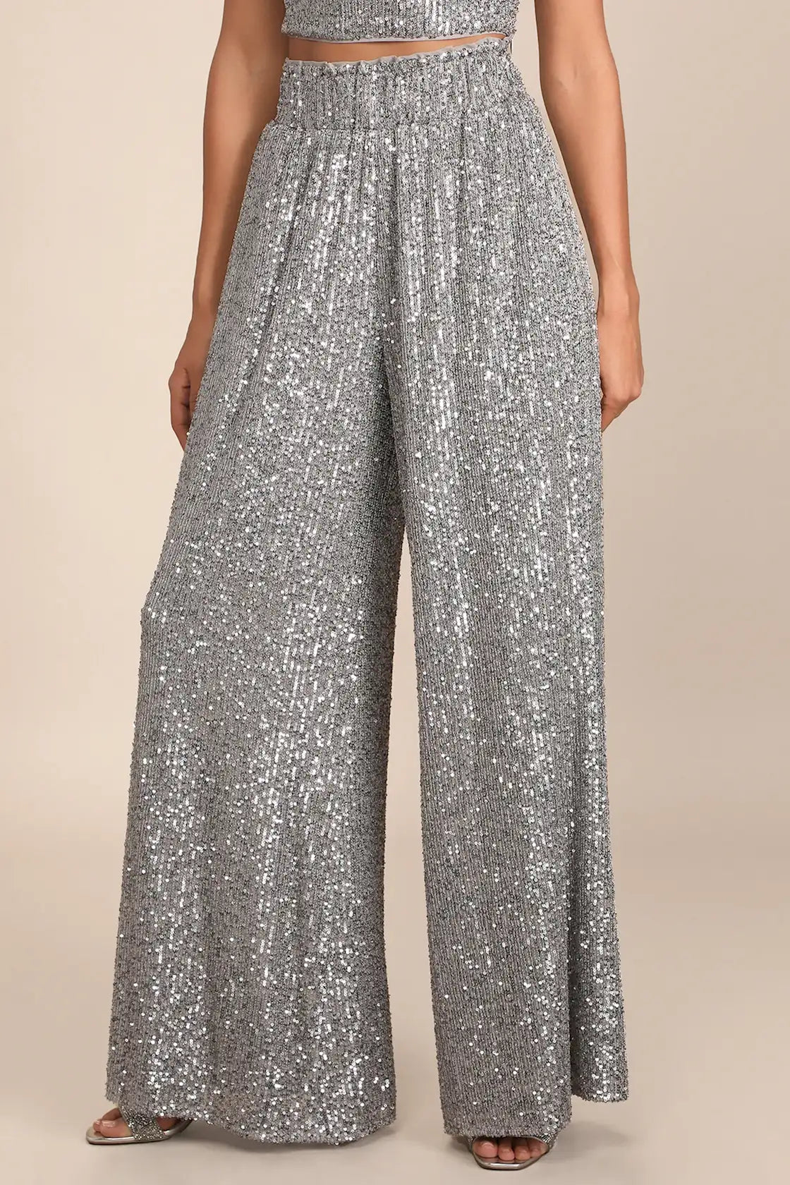 Flawless Sparkle Silver Sequin Wide-Leg Pants