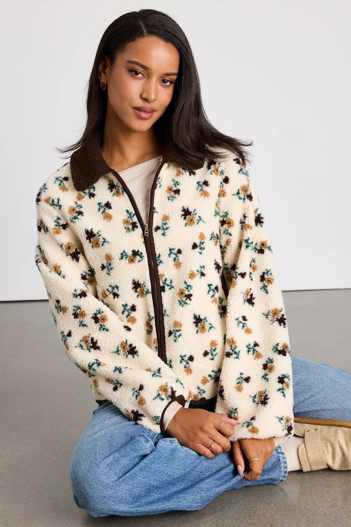 Naliah Ivory Floral Shearling Collared Jacket