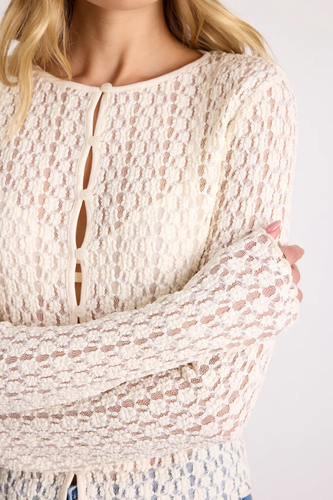 Collie Ivory Sheer Lace Button-Front Cardigan