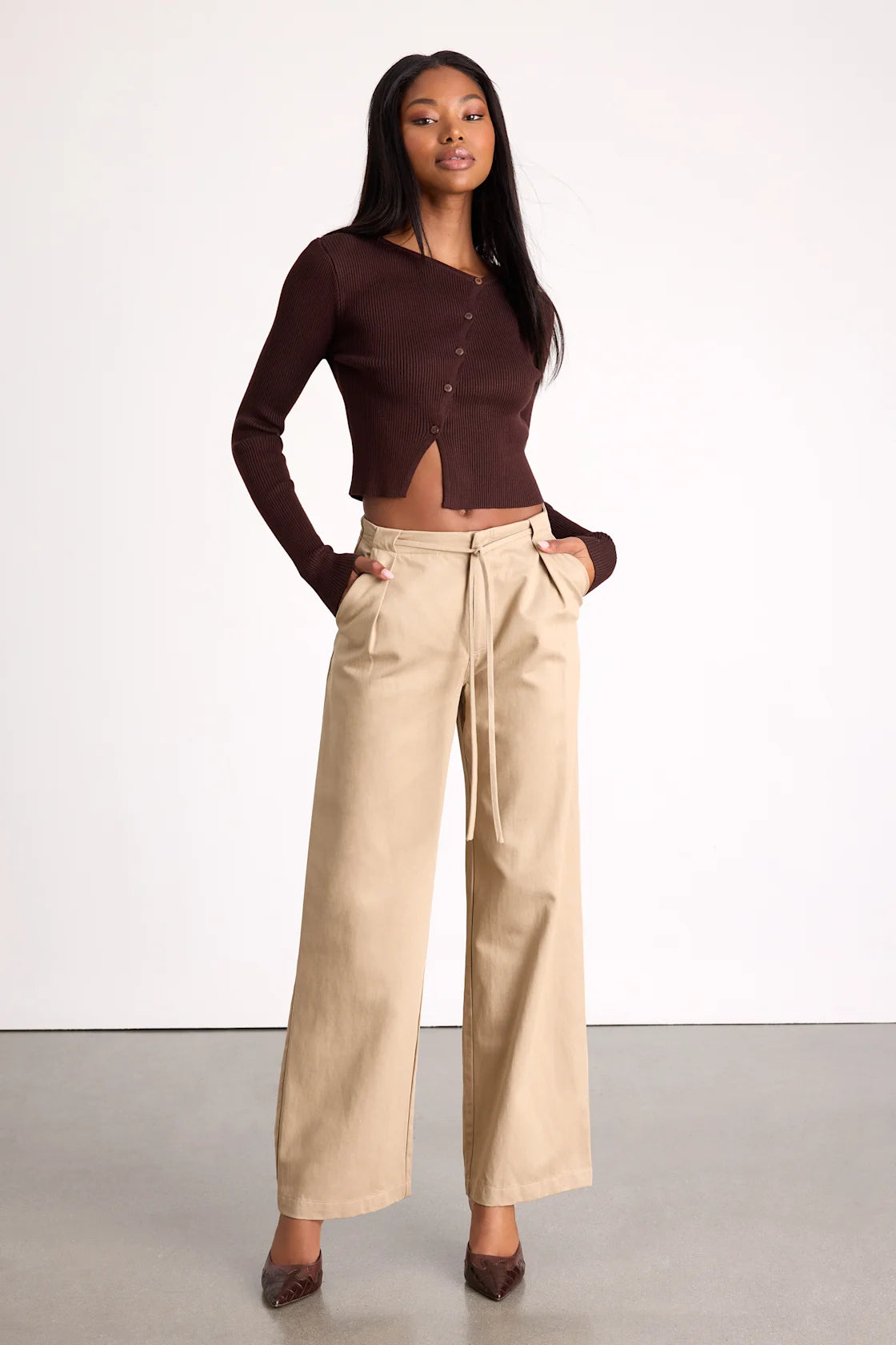 Ruthie Beige Tie-Front Mid-Rise Trouser Pants