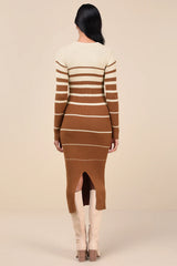 Seasonal Status Green and Cream Striped Midi Sweater Dress