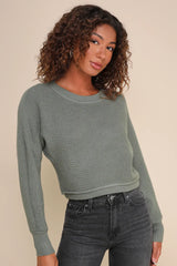 Fireside Flirt Dark Sage Green Ribbed Cropped Pullover Sweater