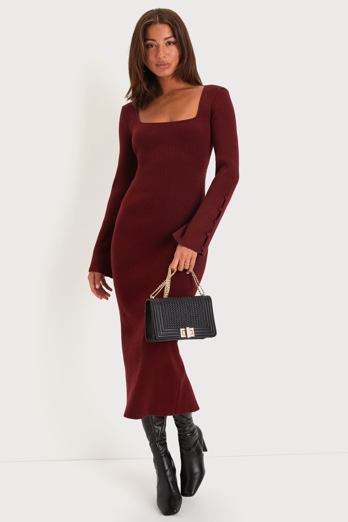 Classy Attitude Emerald Ribbed Square Neck Midi Sweater Dress