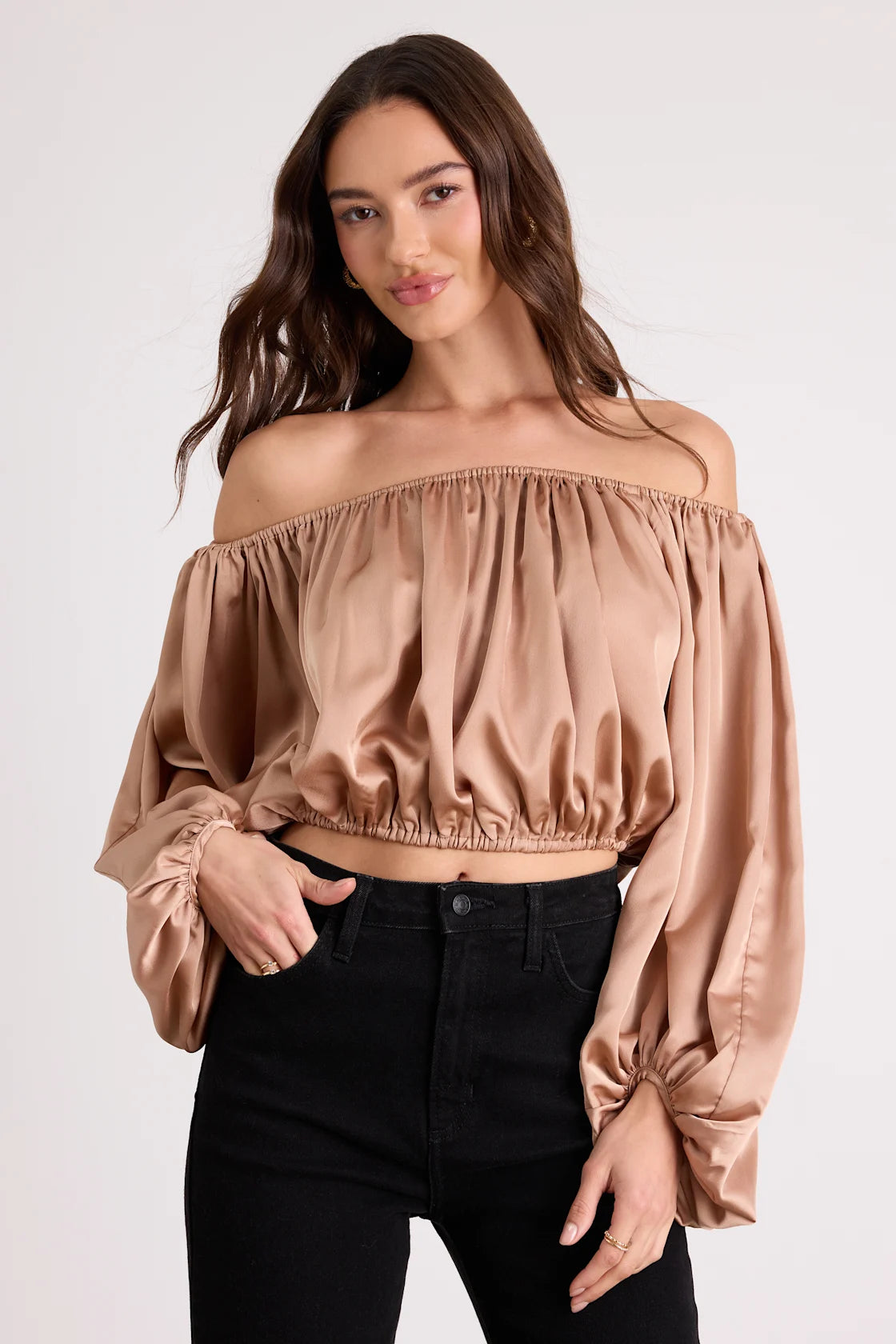 Jordana Tan Satin Off-the-Shoulder Crop Top