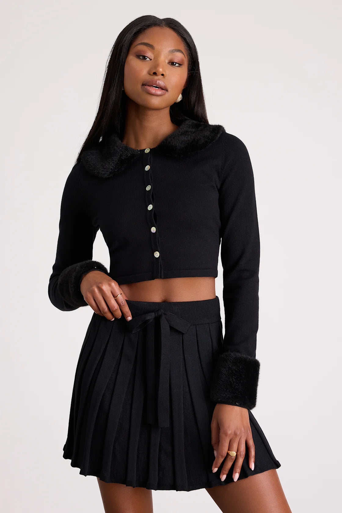 Layden Black Knit Pleated Mini Skirt