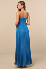 Jolette Blue Pleated Knot-Front Maxi Dress
