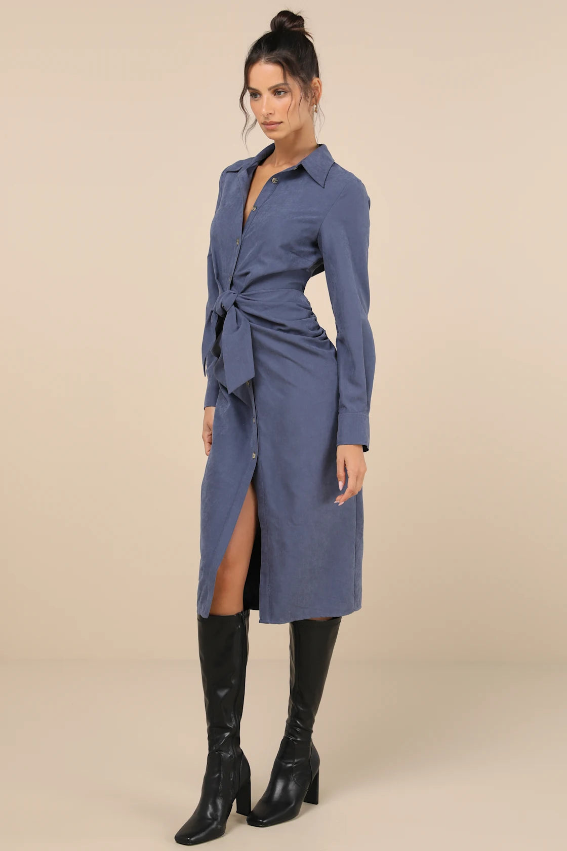 Autumnal Views Tan Suede Button-Up Tie-Front Midi Dress