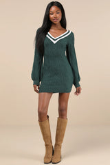 Inviting Poise Green and White Cable Knit Sweater Mini Dress