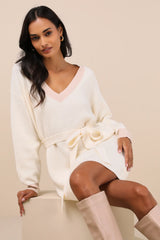 Cuddly Forecast Ivory Long Sleeve Belted Sweater Mini Dress