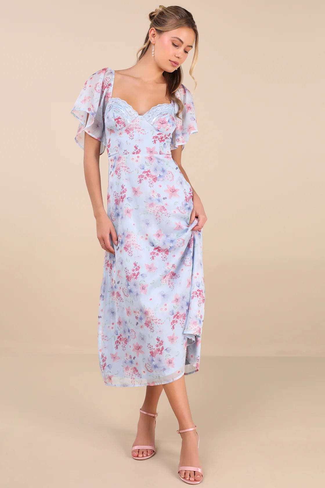 Valla Light Blue Floral Flutter Sleeve Midi Dress