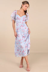 Valla Light Blue Floral Flutter Sleeve Midi Dress