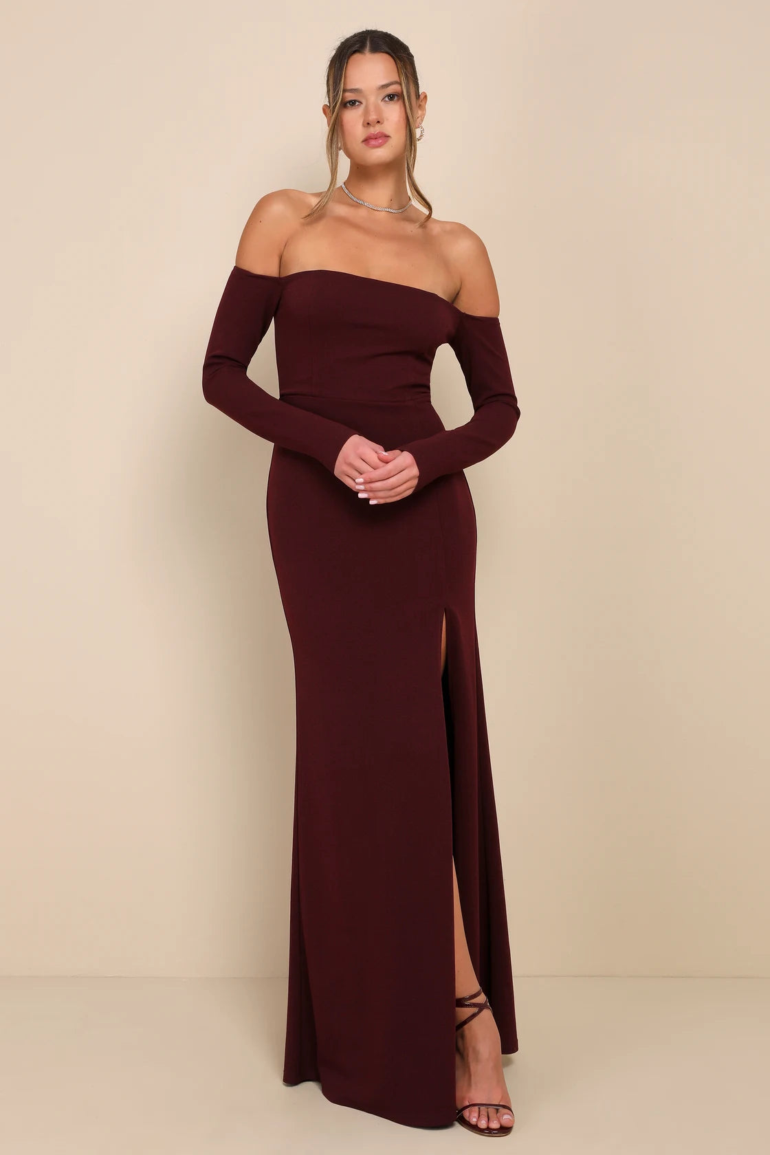 Alluring Sophistication Dark Plum Off-the-Shoulder Maxi Dress