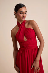 Emrah Red Cross-Front Cutout Halter Midi Dress