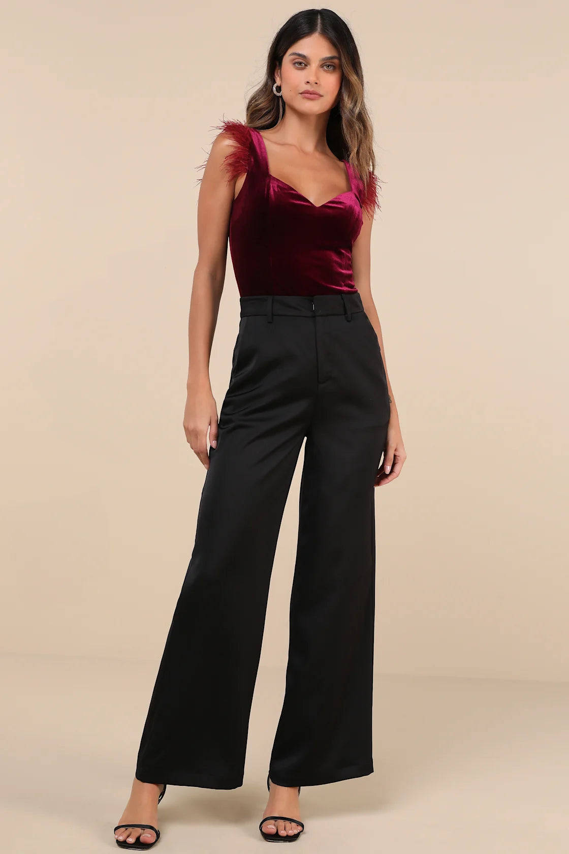 Fabulous Vibe Plum Velvet Feather Sleeveless Bodysuit