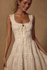 Antionette Cream Embroidered Sequin Button-Front Midi Dress