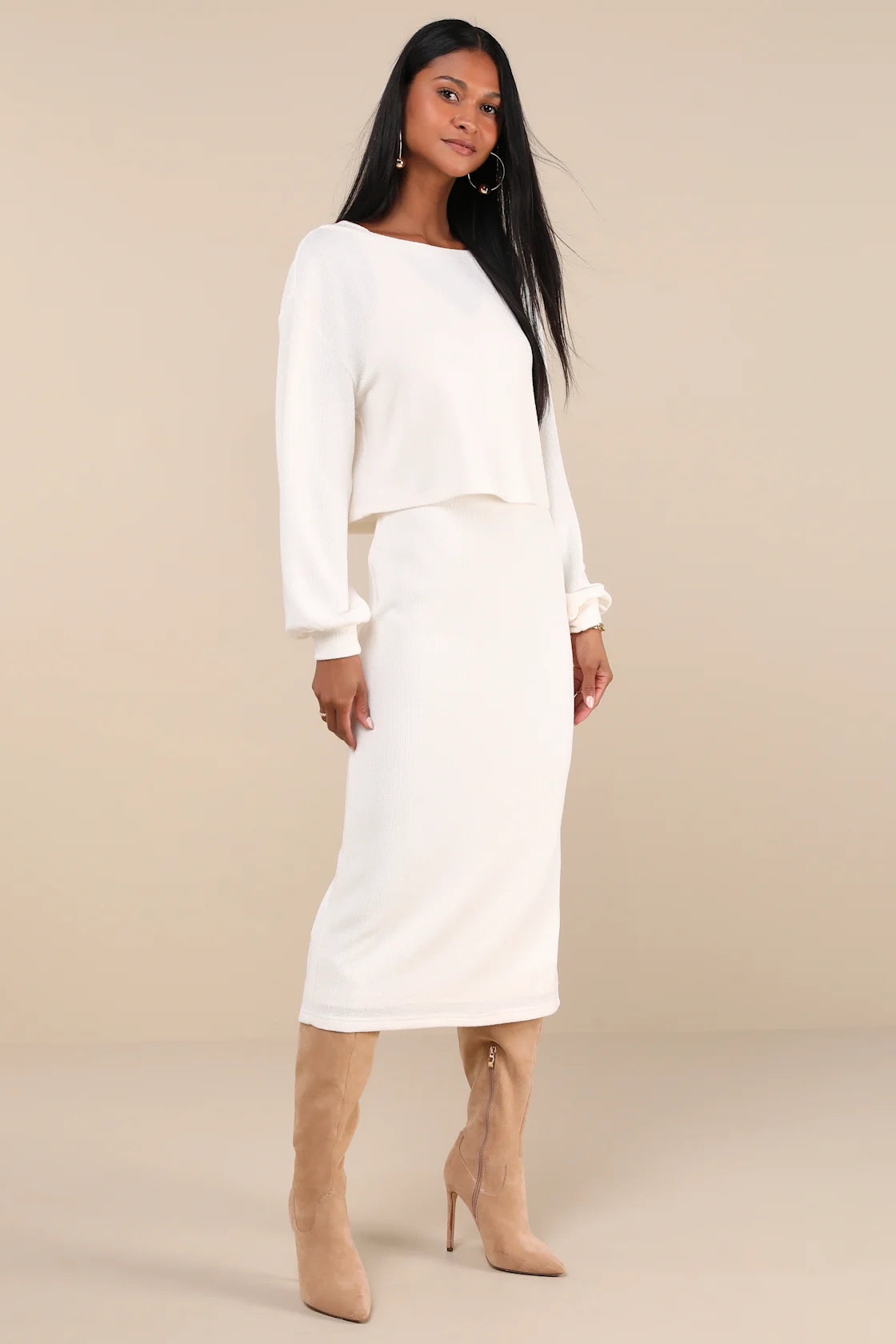 Marvelous Match Ivory Knit Two-Piece Midi Dress & Sweater Set
