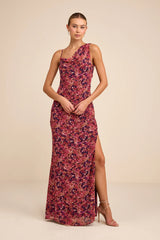 Vienta Magenta Floral Chiffon Asymmetrical Maxi Dress