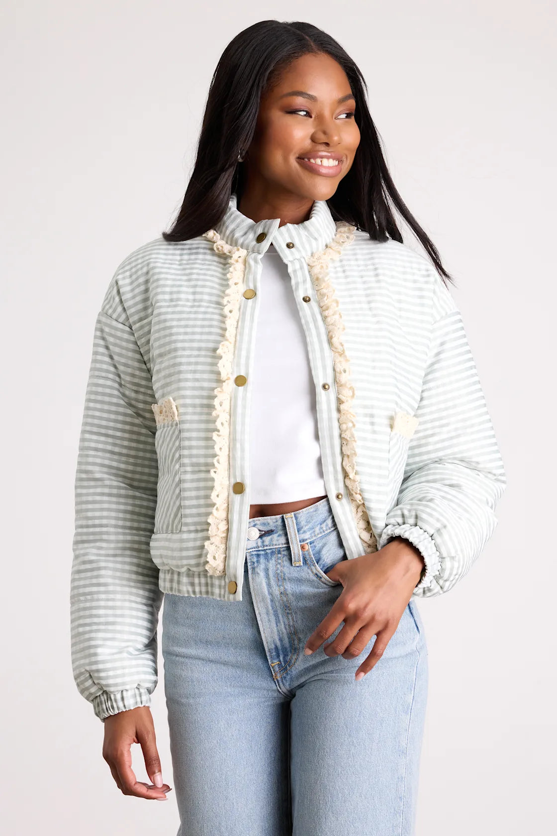 Tamara Sage Gingham Ruffled Lace Puffer Jacket