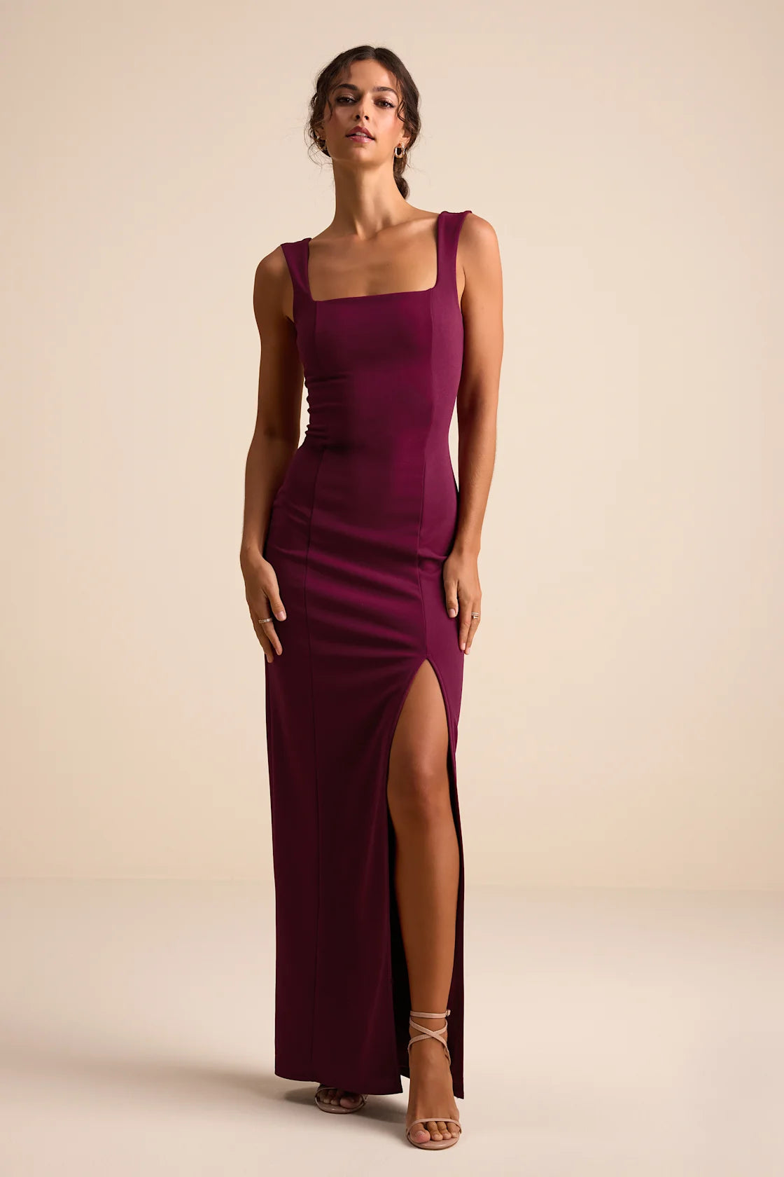 Inspiring Allure Burgundy Square Neck Column Maxi Dress