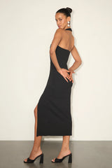 Intriguing Luxury Black Asymmetrical Halter Midi Dress