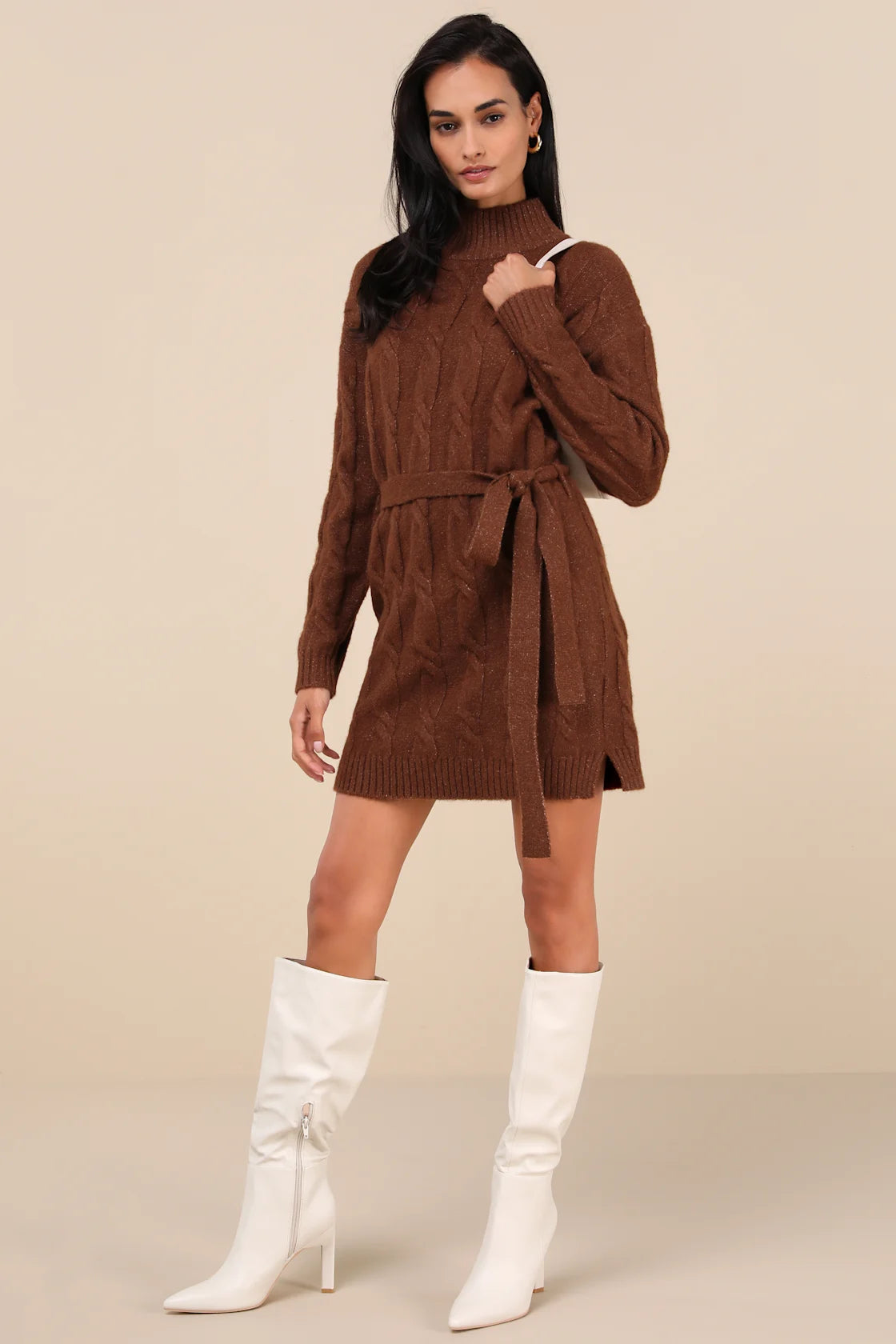 Warmed Up To You Cream Cable Knit Mock Neck Sweater Dress