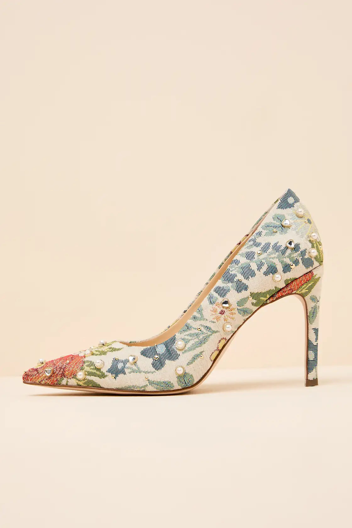 Wellica Cream Floral Jacquard Pearl Pointed-Toe Pumps