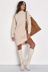 Cozy Stroll Beige Mock Neck Button Mini Sweater Dress