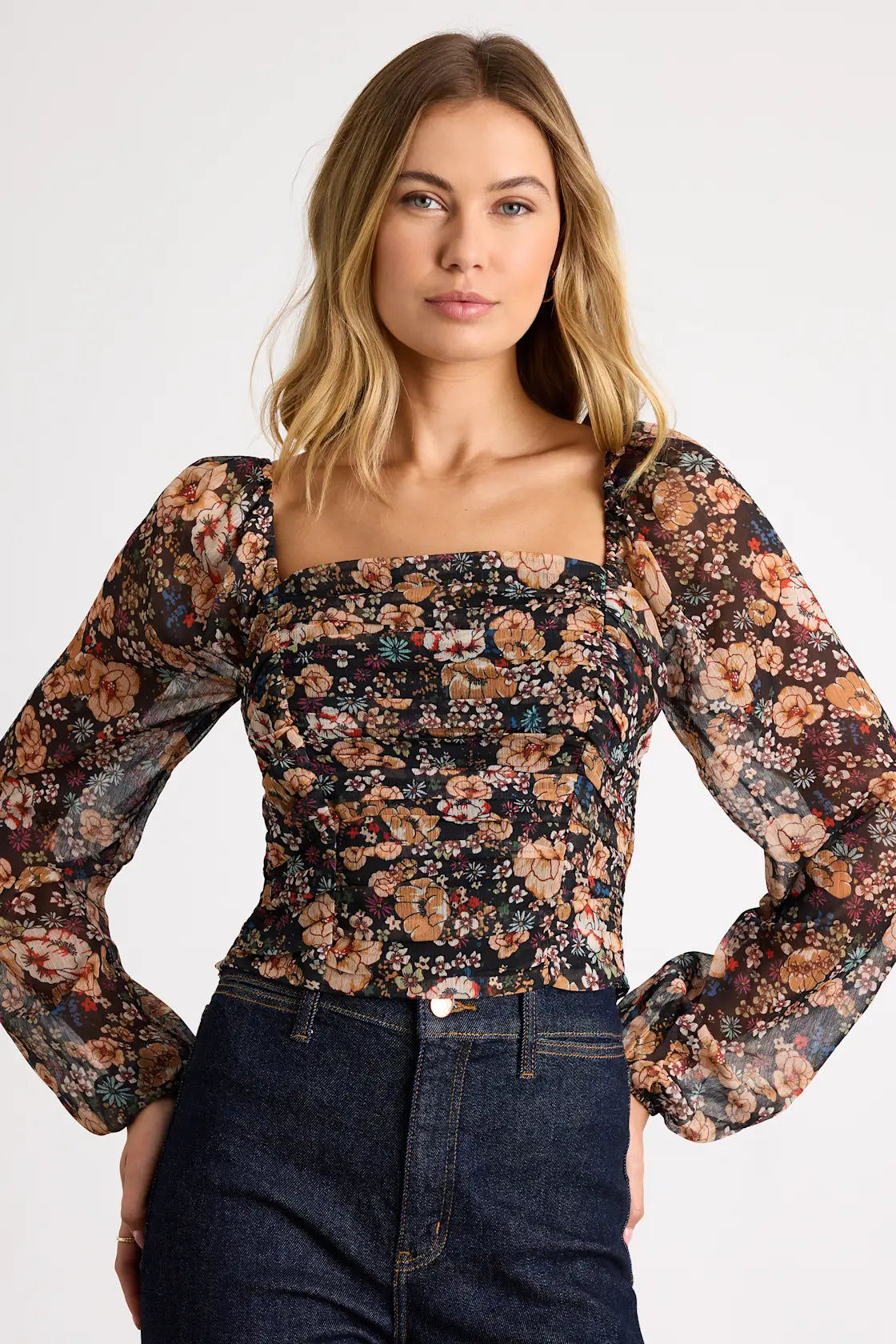 Mood Setter Black Floral Print Ruched Long Sleeve Top
