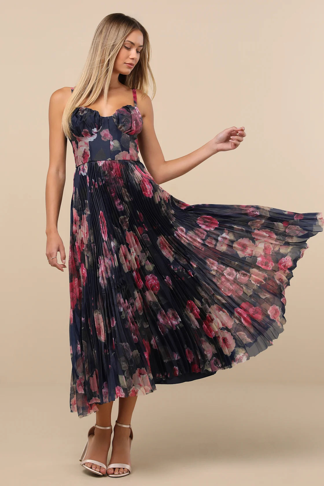 Alluring Invite Purple Multi Floral Pleated Bustier Midi Dress