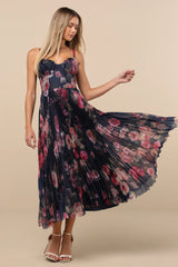 Alluring Invite Purple Multi Floral Pleated Bustier Midi Dress
