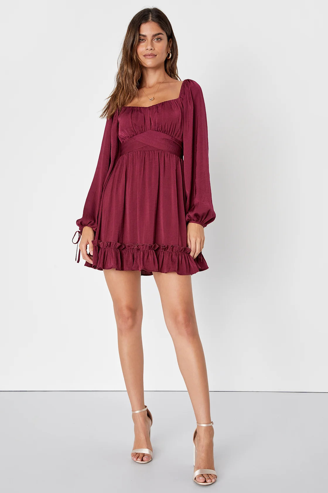 Vision of Charm Plum Purple Satin Long Sleeve Skater Mini Dress