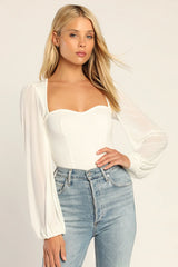 Sensational Sweetheart Black Ribbed Balloon Sleeve Bodysuit