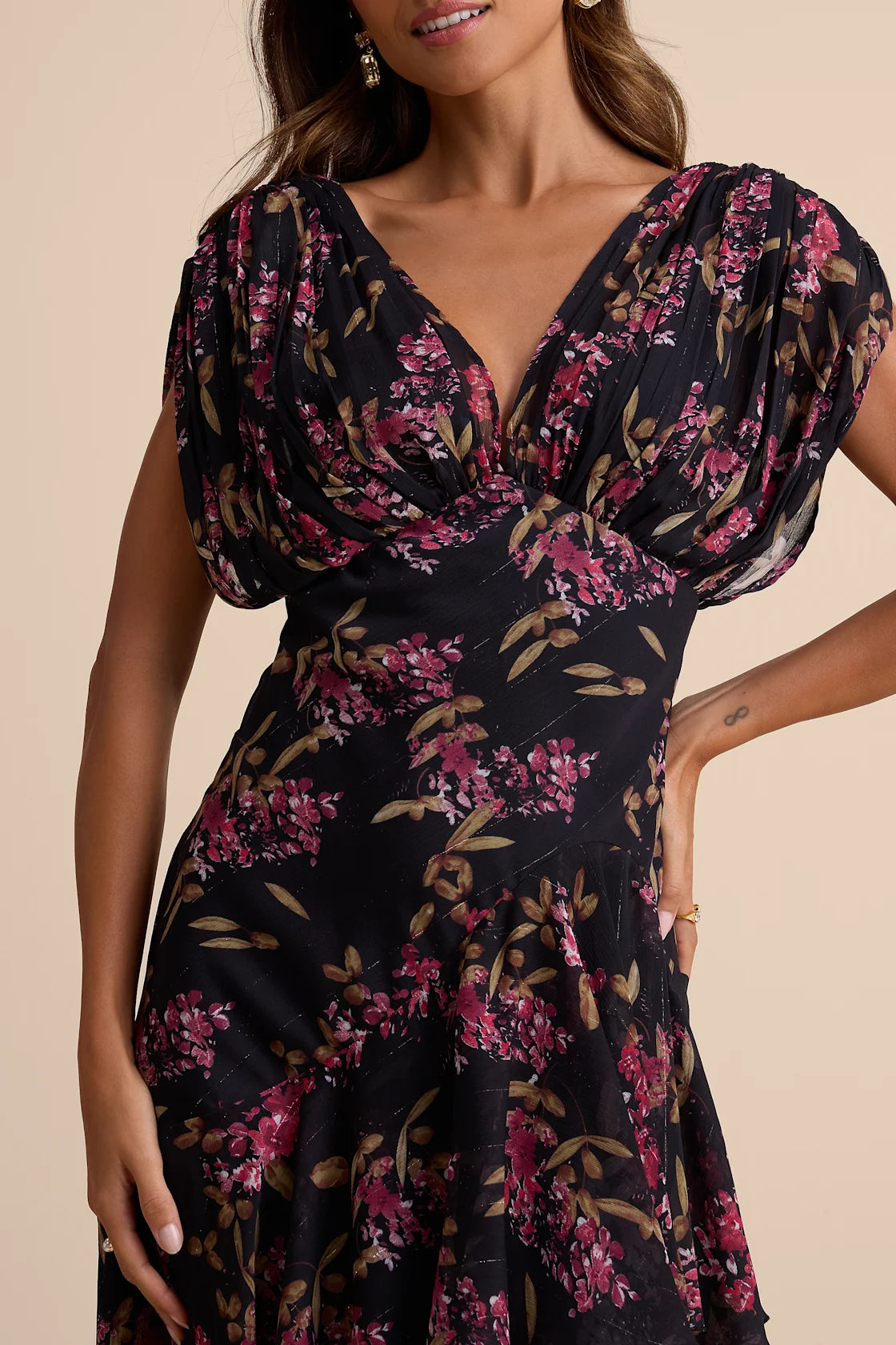 Wrenna Black Floral Gathered Tiered Maxi Dress