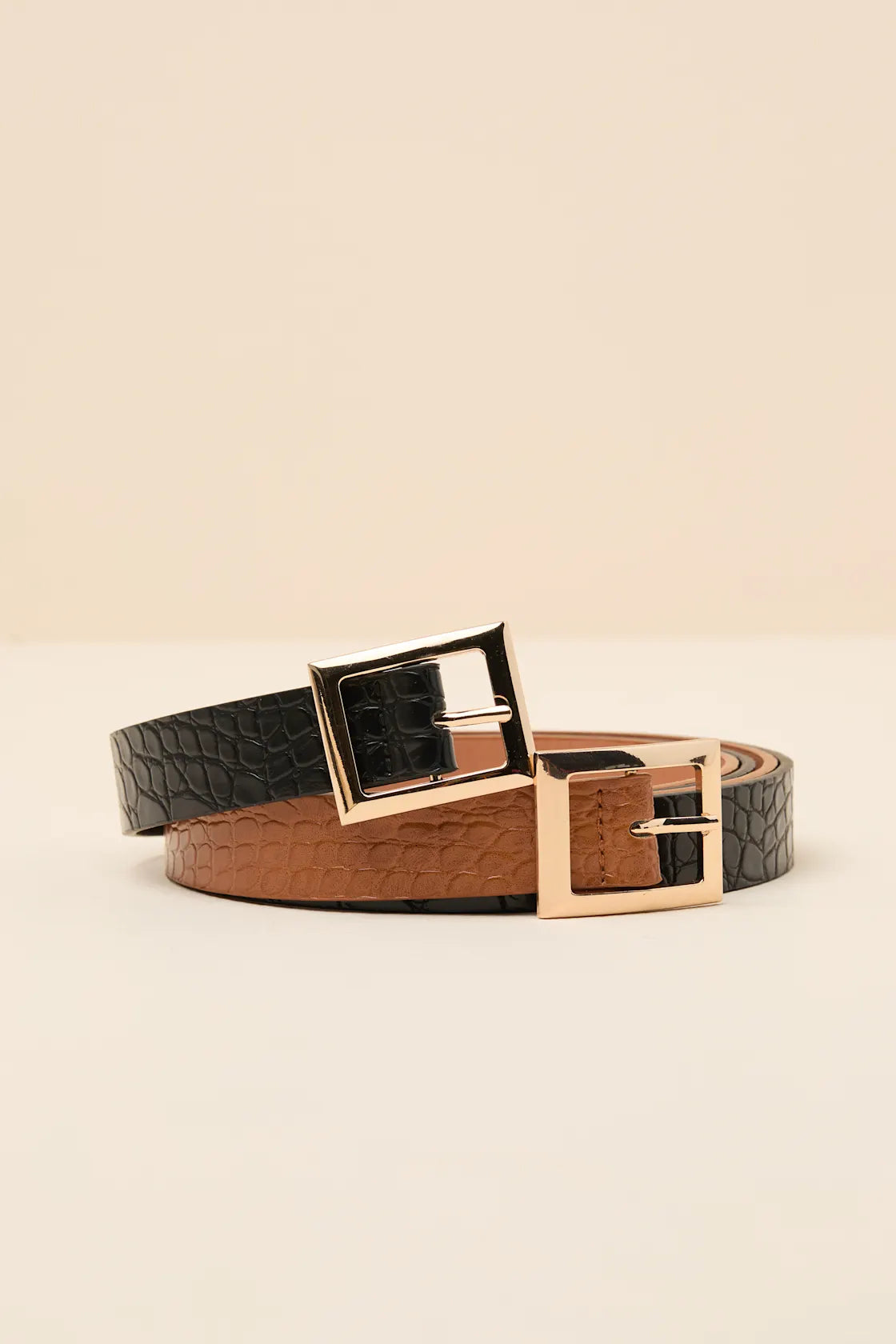 Calais Black and Brown Croc-Embossed Belt Set