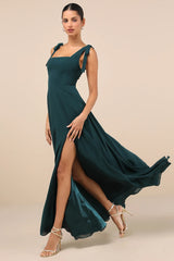 Love Me Forever Olive Green Tie-Strap Square Neck Maxi Dress