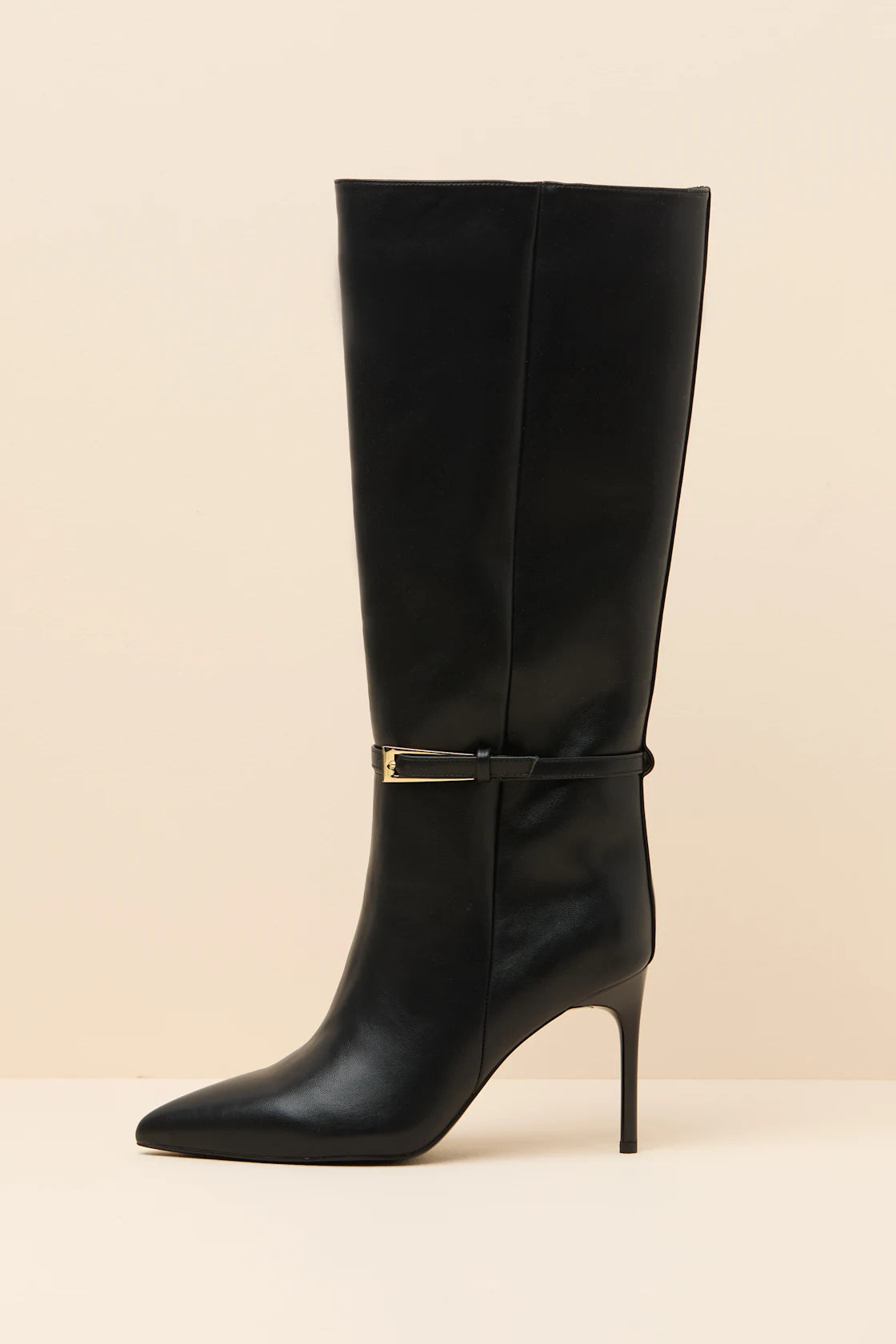 Cadee Black Stiletto Knee-High Buckle Boots