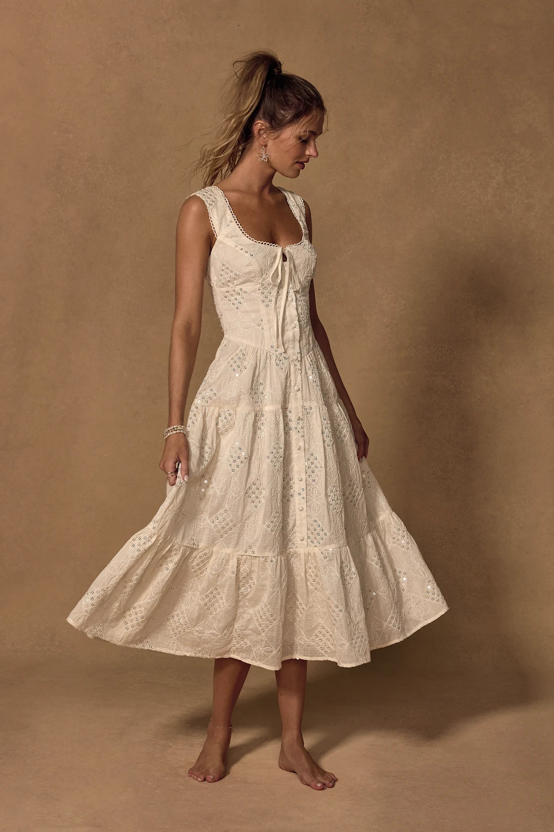 Antionette Cream Embroidered Sequin Button-Front Midi Dress