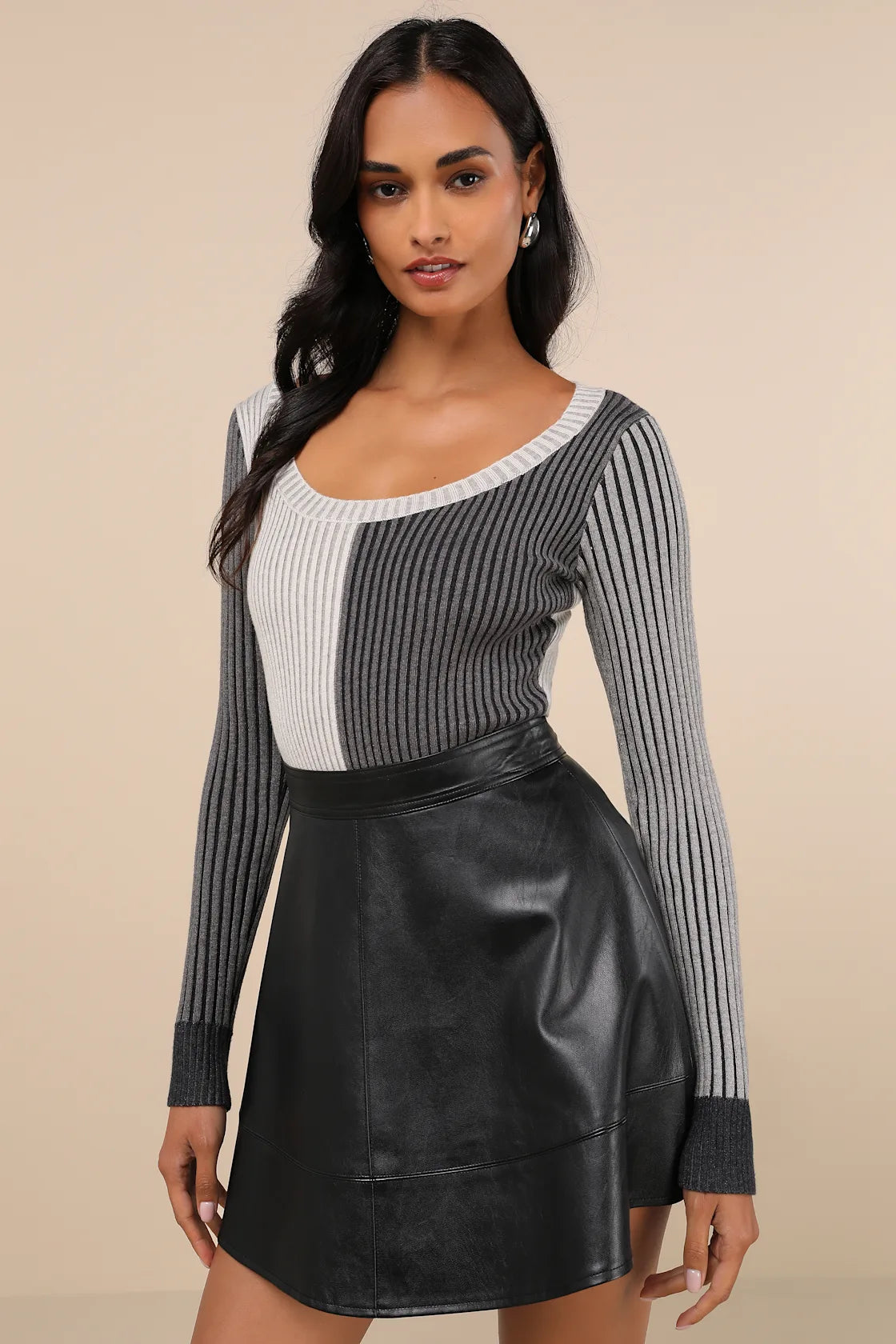 Mod Cutie Burgundy Color Block Ribbed Long Sleeve Bodysuit