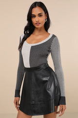 Mod Cutie Burgundy Color Block Ribbed Long Sleeve Bodysuit