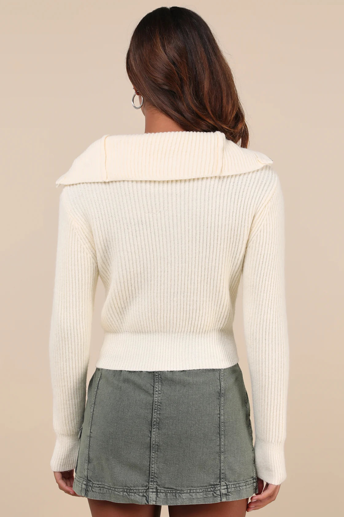 Cozy Inclination Ivory Cropped Zip-Front Collared Sweater