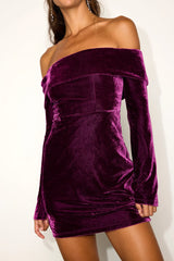 Alluring Glam Plum Velvet Off-the-Shoulder Mini Dress