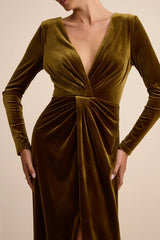 Angelina Olive Velvet Twist-Front Maxi Dress