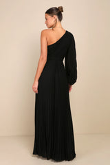 Divine Charm Black Pleated One-Shoulder Maxi Dress