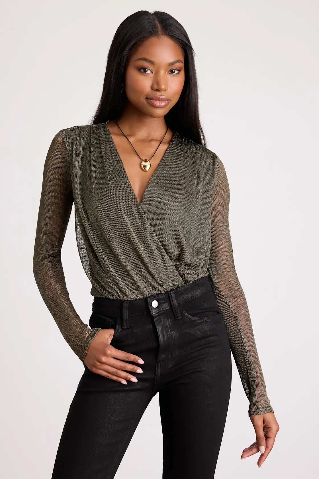 Kenni Dark Bronze Lurex Sheer Surplice Bodysuit