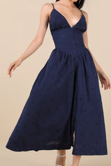 Zahrah Navy Eyelet Embroidered Button-Front Midi Dress