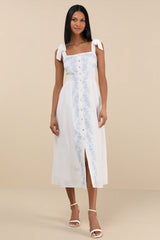 Corinthia White Embroidered Button-Front Midi Dress