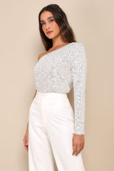 Dancing Diva Black and Silver Sequin One-Shoulder Bodysuit