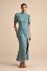 alira Light Blue Satin Lurex Mock Neck Cutout Maxi Dress